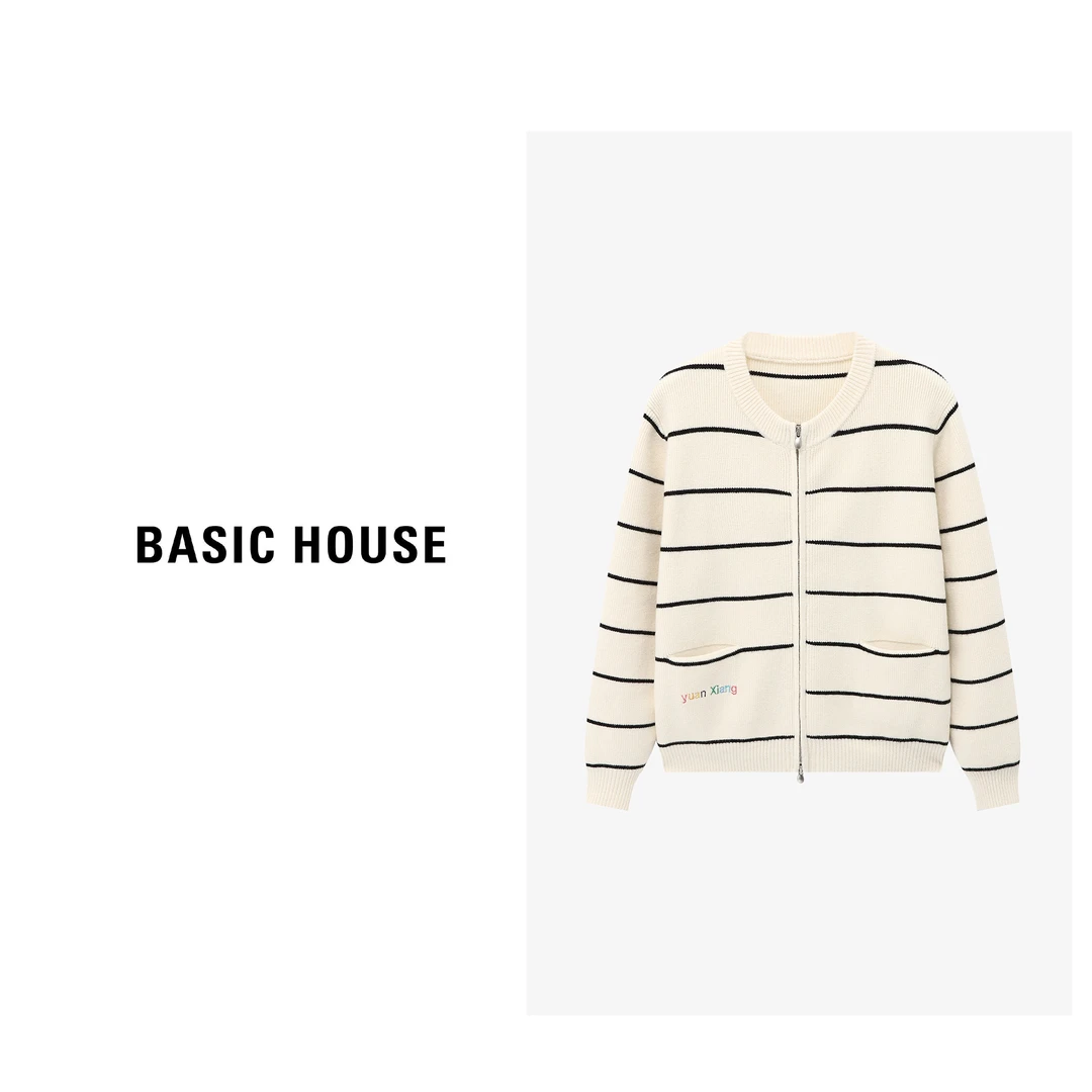 Basic House/百家好长袖休闲连帽条纹百搭秋季毛衣-B06245I7942