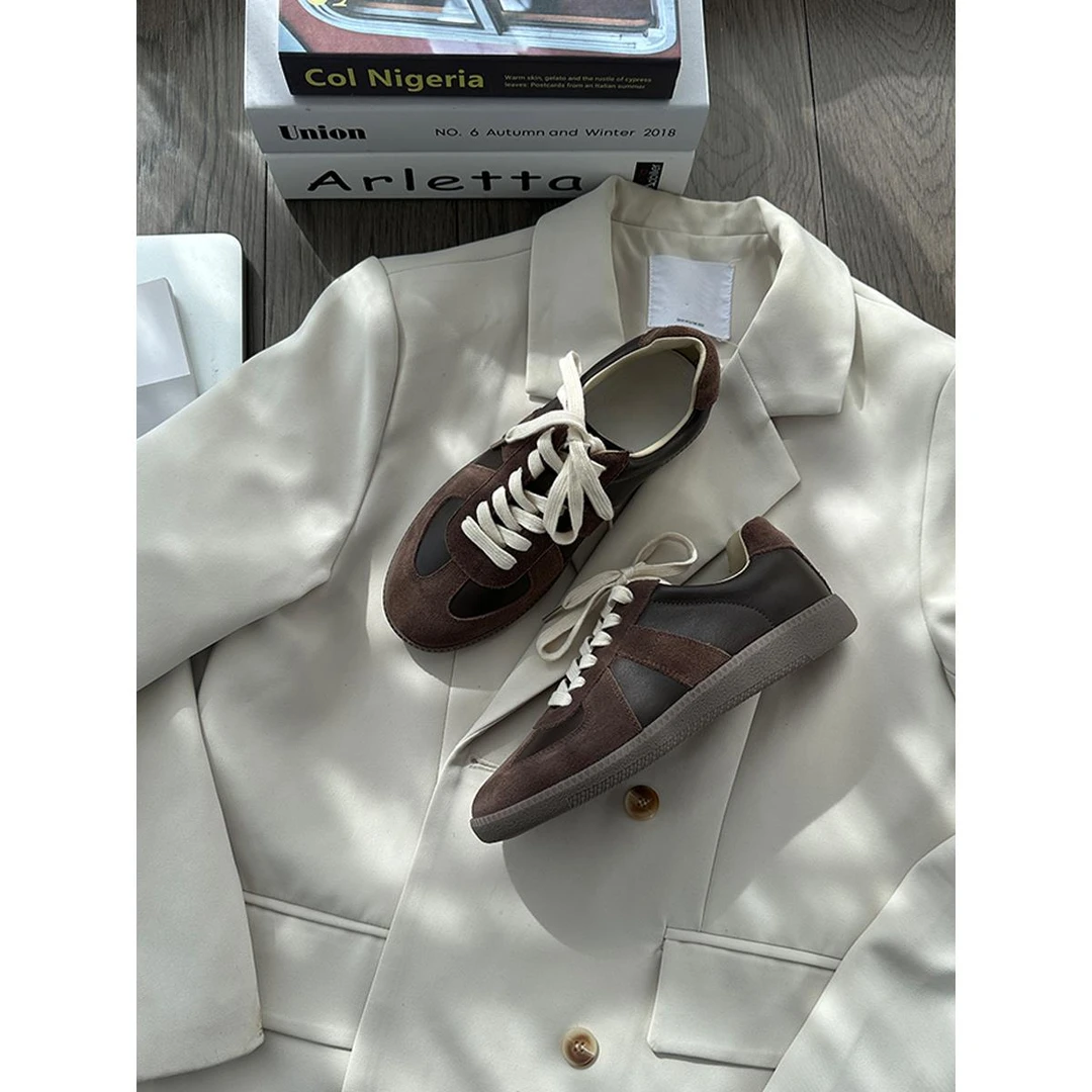 TOUCH MISS手工真皮复古德训鞋女百搭平底休闲板鞋纯色系带阿甘鞋