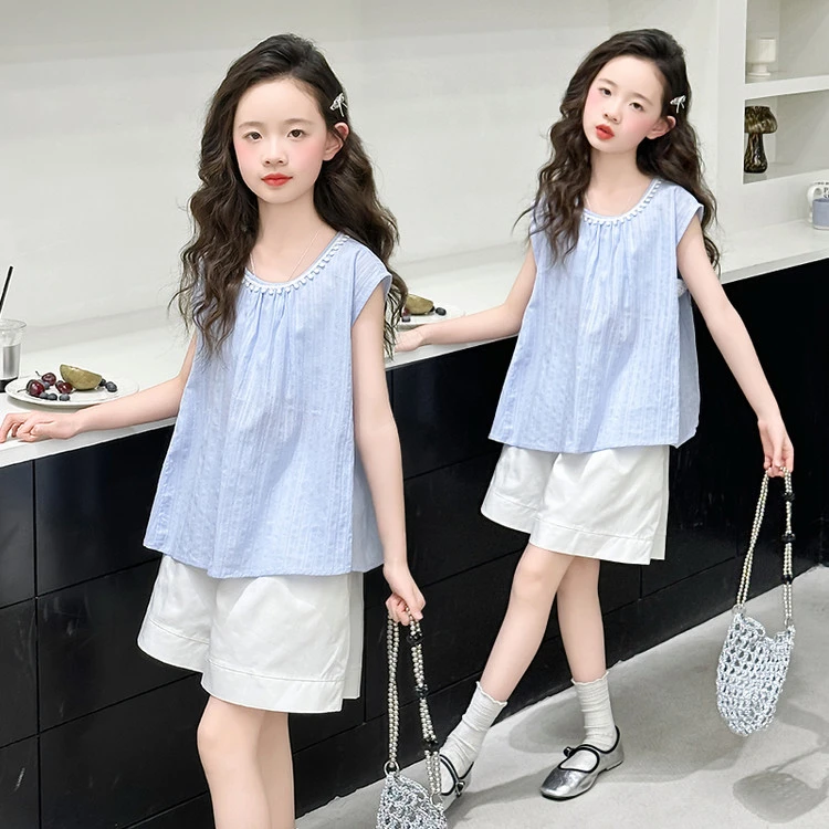 女童夏装2025新款洋气时髦套装女大童韩版宽松无袖上衣短裤两件套