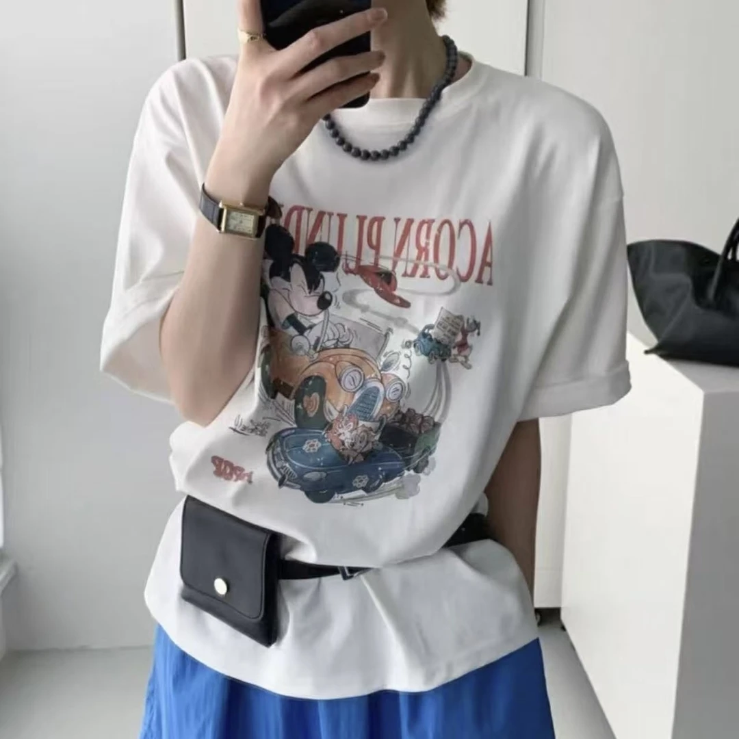 【A开头】女亚麻宽松常规款t恤雪花棉数码喷墨图案短袖