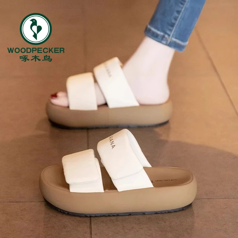 啄木鸟魔术贴厚底鞋女夏季外穿2025新款韩版面包一字拖松糕沙滩鞋