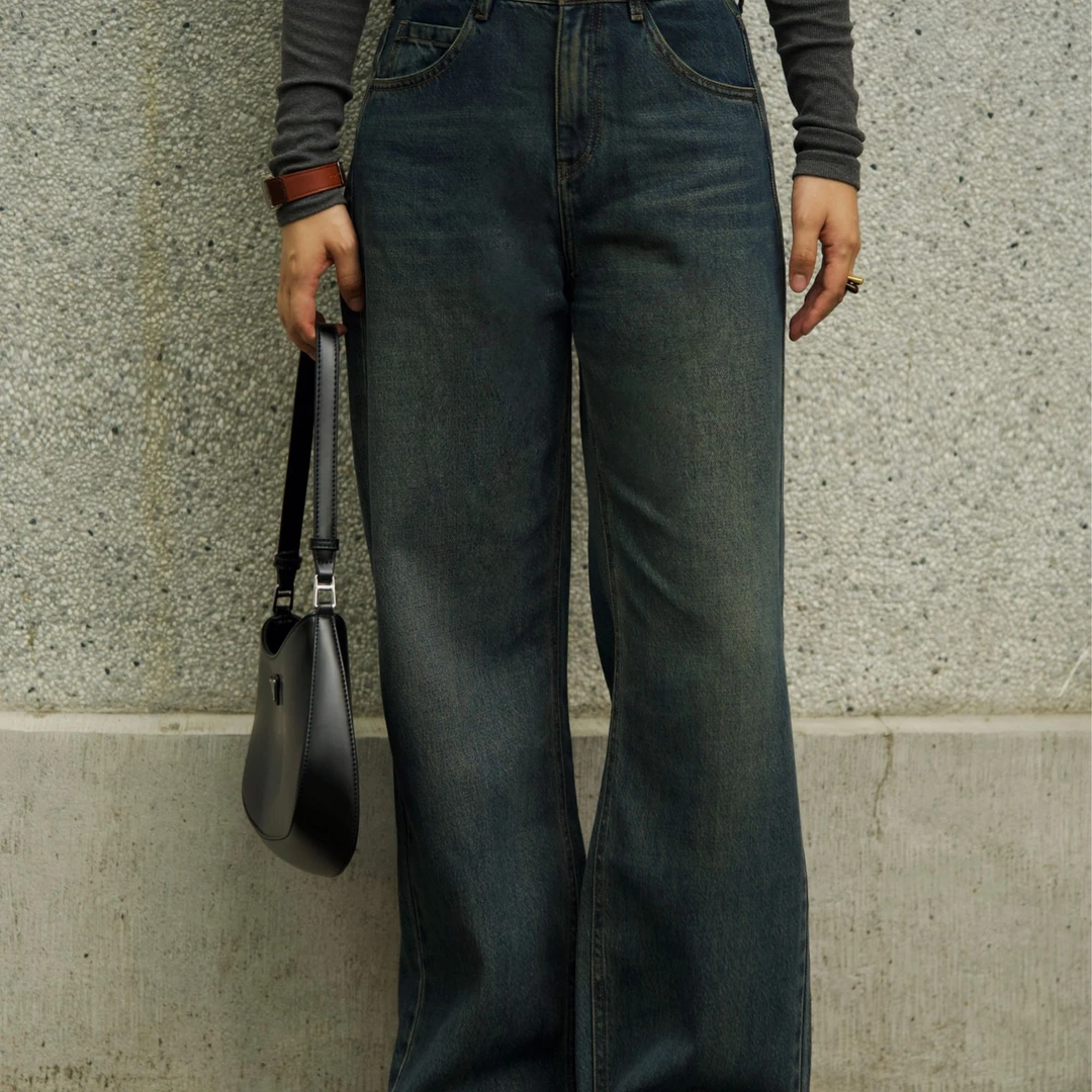 【牛仔很忙】复古做旧洗水高腰阔腿神裤秋冬宽松显瘦微拖地牛仔裤