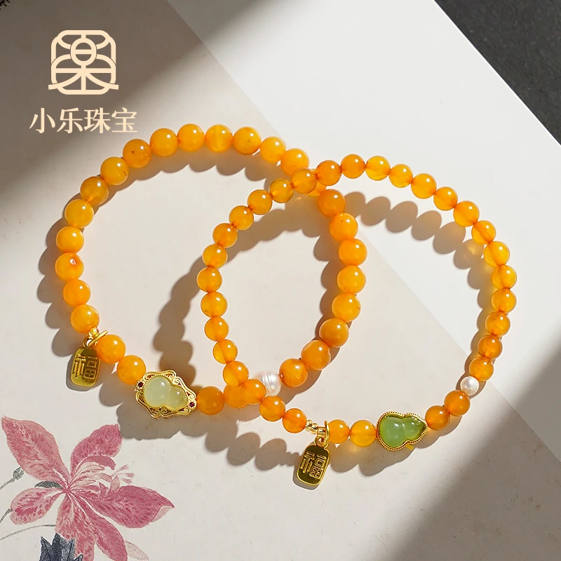 原创设计单圈天然蜜蜡淡水珍珠葫芦手链简约手串手工素圈-5654-1