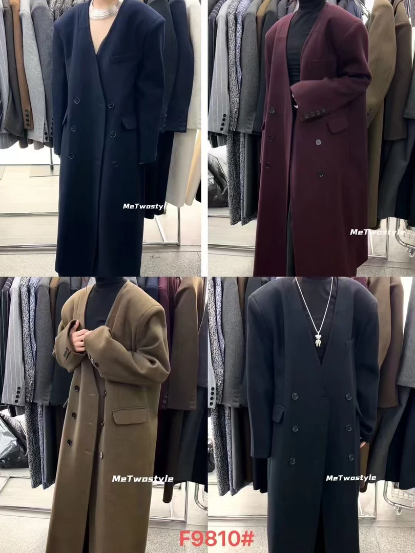 韩版双面大衣长款V领气质显瘦毛呢外套（大垫肩）