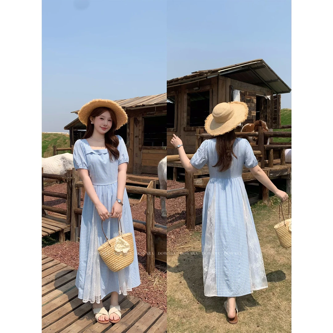 现货8197D大婉酱千千微胖定制高级感蓝色格子连衣裙蕾丝拼接长裙