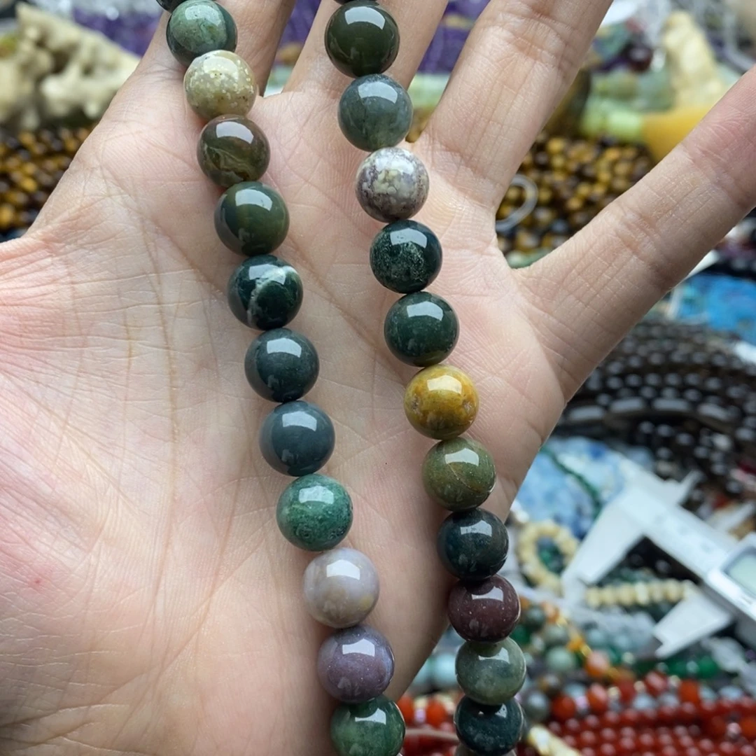 玛瑙/玉髓未镶嵌珠宝半成品一条天然10mm水草玛瑙圆珠