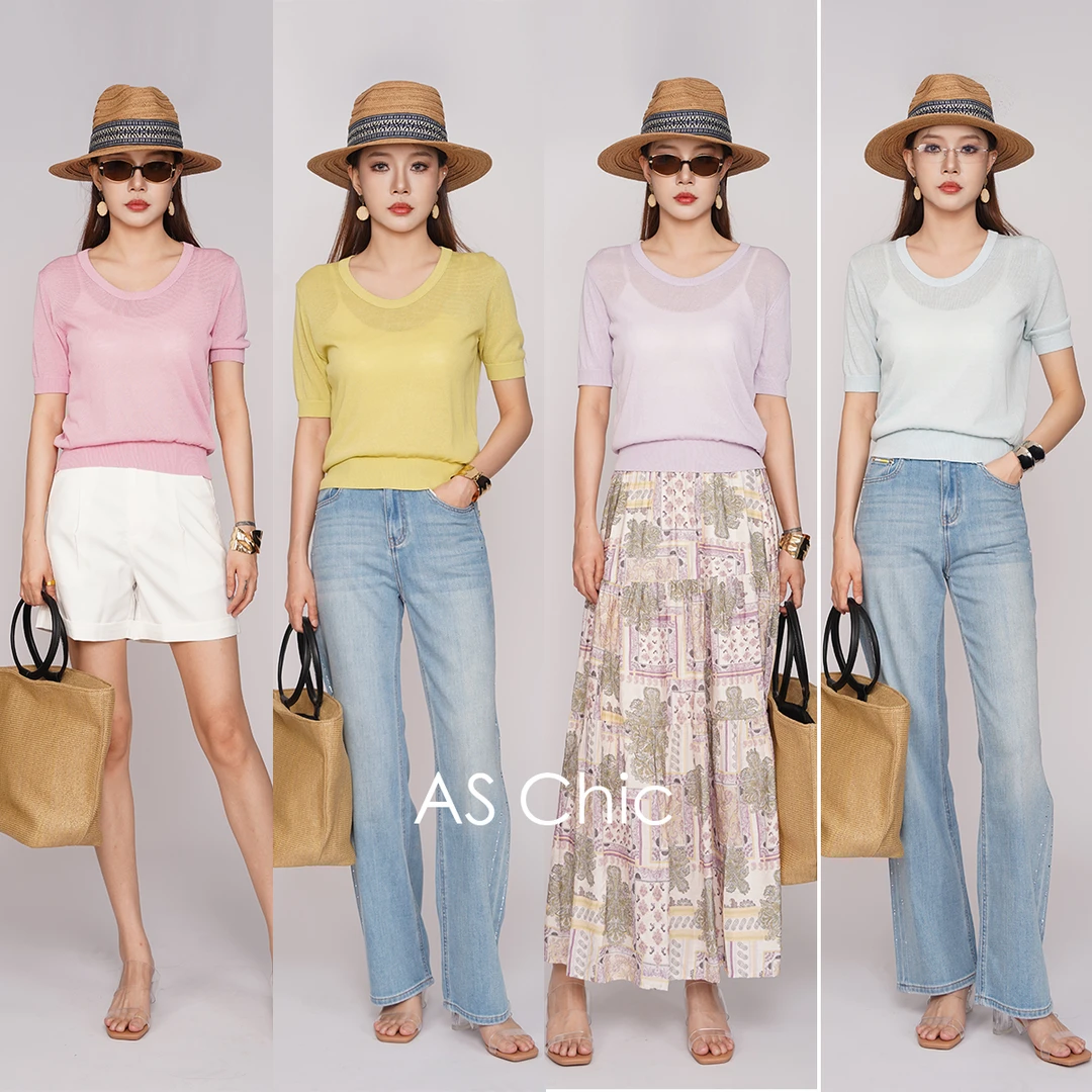 AS Chic 25SS U领天丝亚麻纯色镂空针织T恤女百搭上衣AST1215