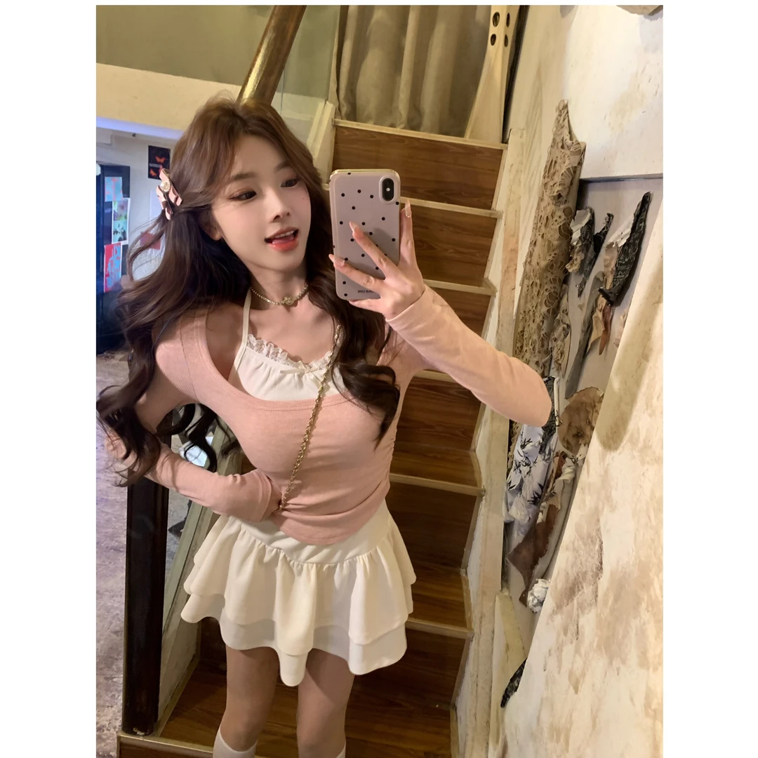 纯欲性感方领长袖T恤女春季新款时尚弹力修身褶皱上衣