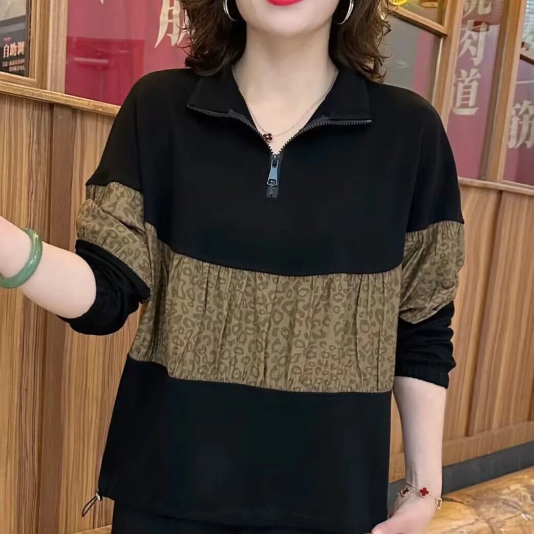 时尚高档妈妈卫衣长袖拉链秋季新款宽松肚子上衣百搭拼接休闲套头