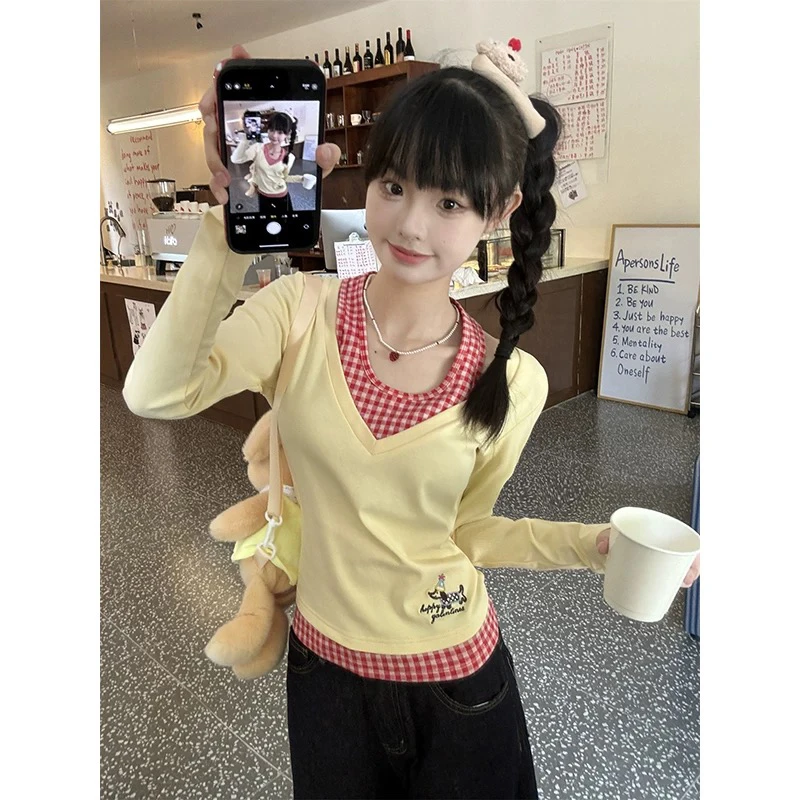 大码假两件挂脖长袖黄色温柔独特拼接格子V领内搭打底衫