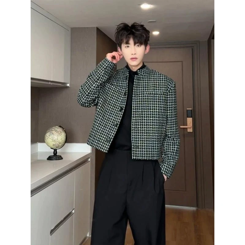 小香风垫肩西装短款夹克男春秋高级感穿搭cleanfit千鸟格西服外套