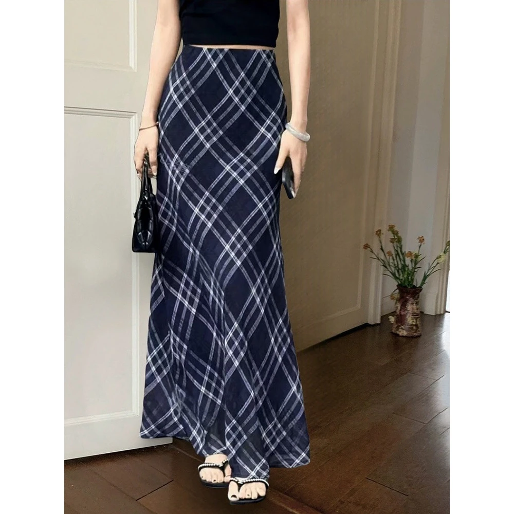 复古文艺蓝调格纹半身裙女鱼尾裙夏季显瘦格子气质长裙