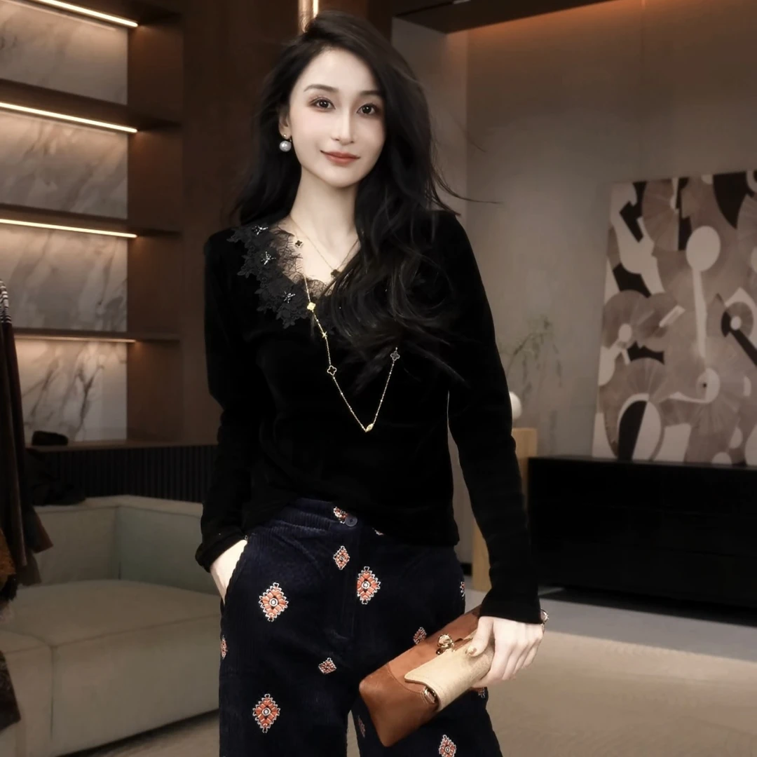 丽丽家 纯色拼接蕾丝高级显气质长袖上衣A146