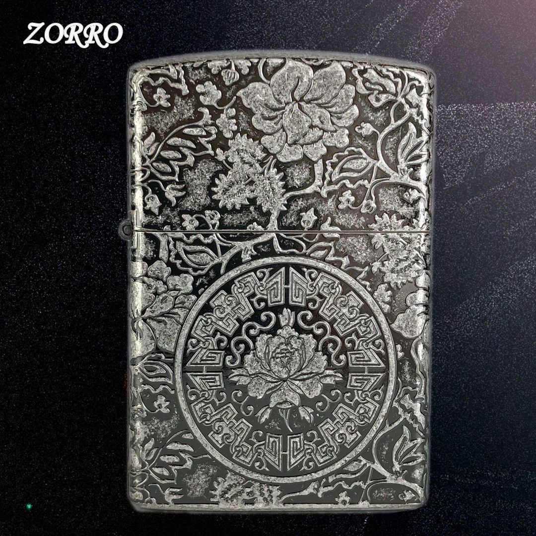 ZORRO佐罗防风煤油打火机富贵牡丹古银雕刻创意潮节日礼物送男友
