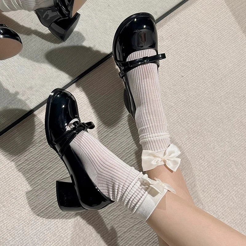 甜酷风漆皮高跟玛丽珍女鞋春季新款蝴蝶结浅口圆头JK单鞋亮面