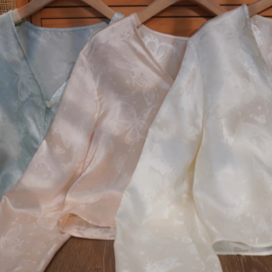 【梧桐】满分桑蚕丝小V领对开襟新中式开衫上衣