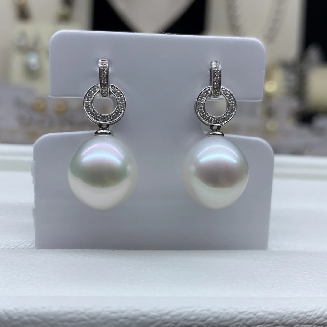 海水珍珠耳饰18K金镶嵌12.4mm澳白耳坠