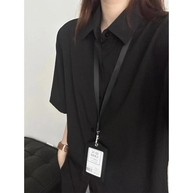 纯黑色冰丝短袖衬衫男夏季薄款宽松休闲衬衣高级感叠穿防晒薄外套