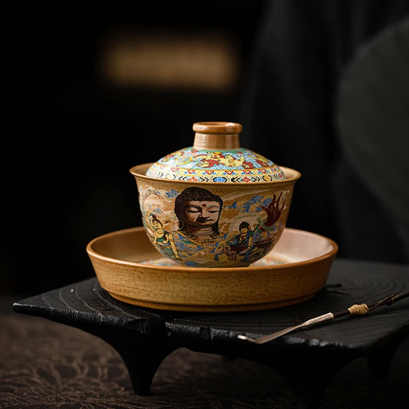 盛唐敦煌复古三才盖碗家用泡茶碗手工柴烧功夫茶具飞天舞女中国风
