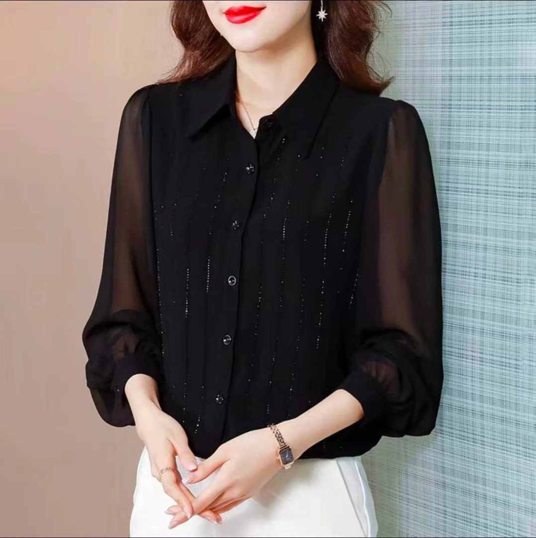 2025烫钻衬衫长袖春秋新款纯色时尚洋气百搭显瘦衬衫宽松上衣女