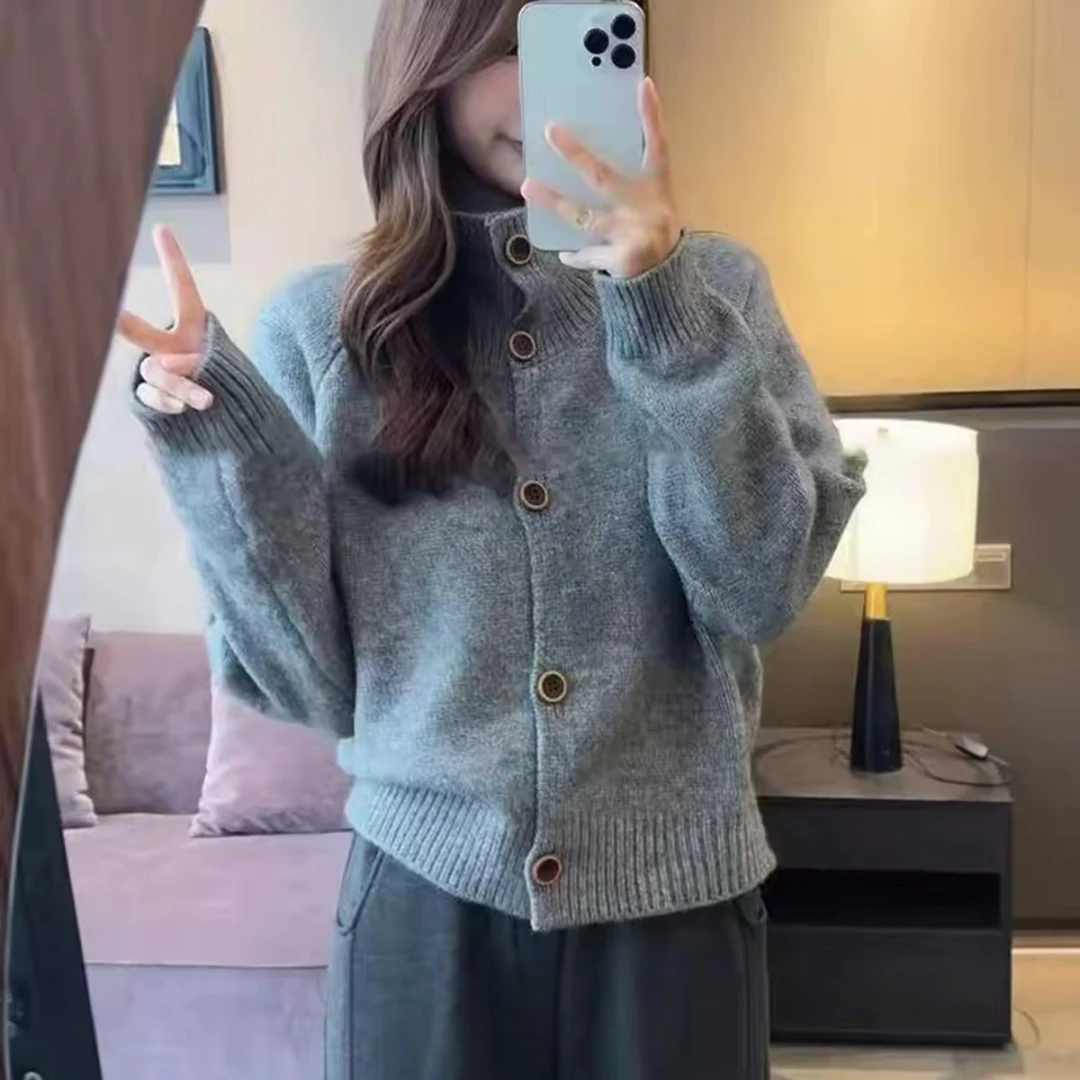 慵懒风纯色毛衣外套女款半高领秋冬季复古休闲单排扣针织开衫上衣