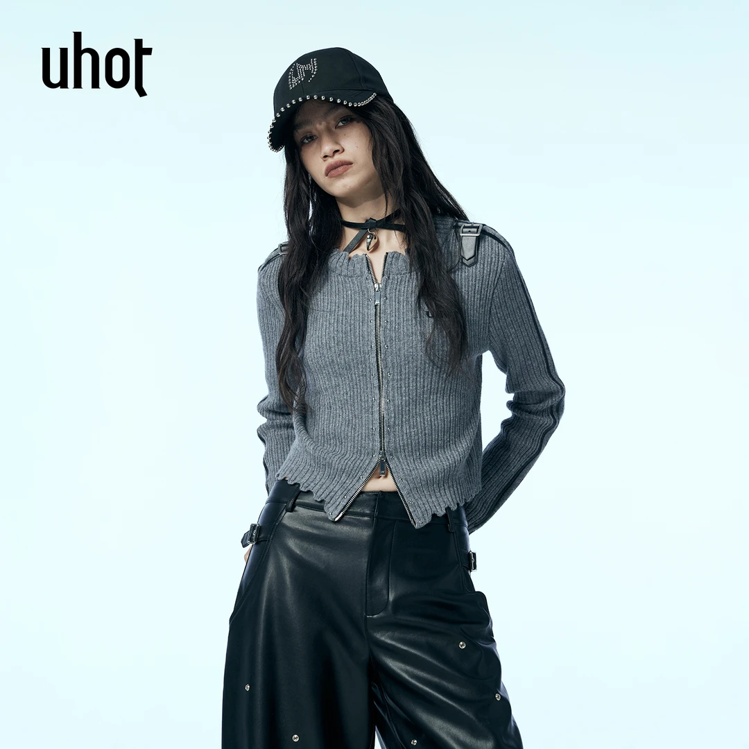 UHOT/诱货灰/白色慵懒风条纹羊毛衫修身水洗开衫秋新款 UWWA3Z097