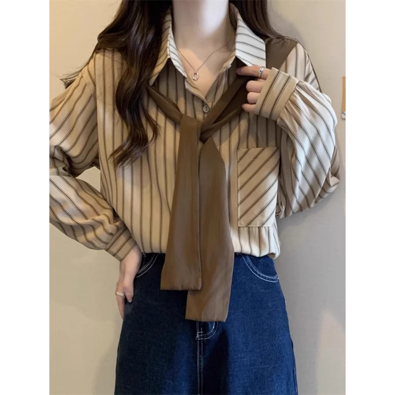 美拉德条纹长袖衬衫女秋季新款大码微胖mm复古衬衣显瘦假两件上衣