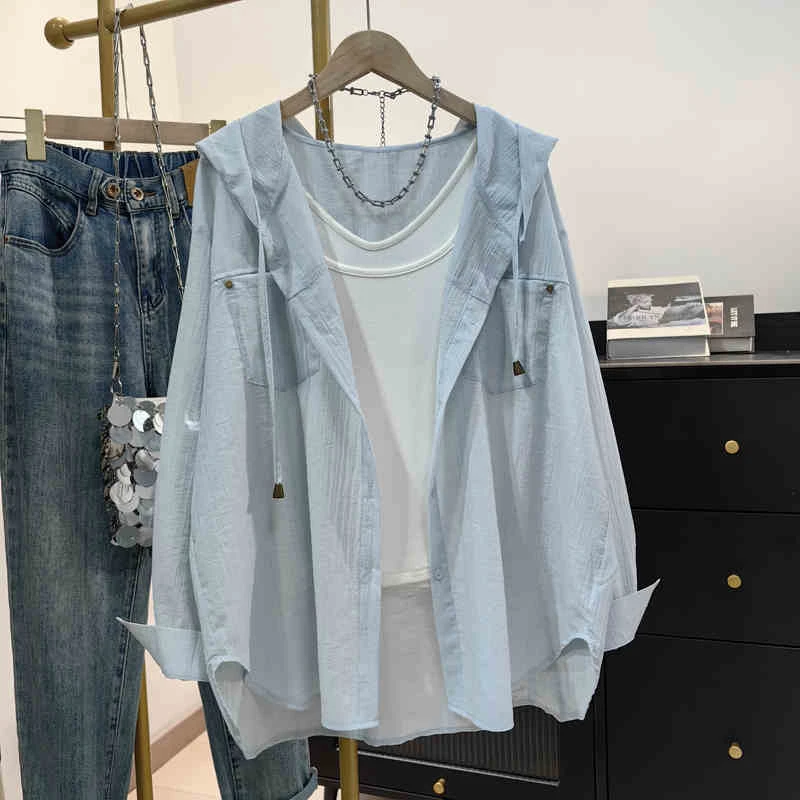 肌理感连帽衬衫女2025夏季新款宽松韩版休闲百搭防晒衫上衣薄外套