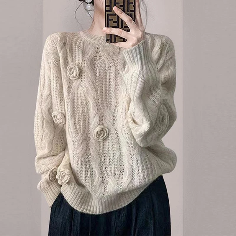 春秋季女2024新款打底针织上商城加补衣秋冬保暖毛衣重工勾花上衣