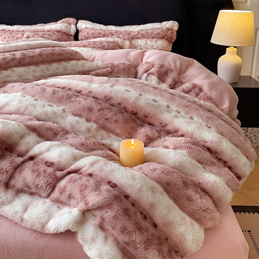 冬季加厚保暖豹纹撸猫感兔兔绒双面牛奶绒四件套床单被套床上用品