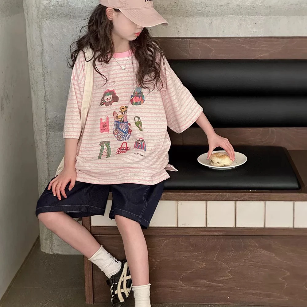 【沫弛尔】584条纹清新女大童短袖T棉麻