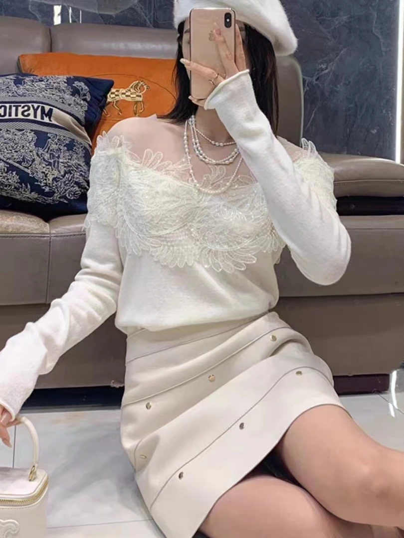 0187一字肩蕾丝拼接春秋新款氛围感露肩花边刺绣针织打底衫女