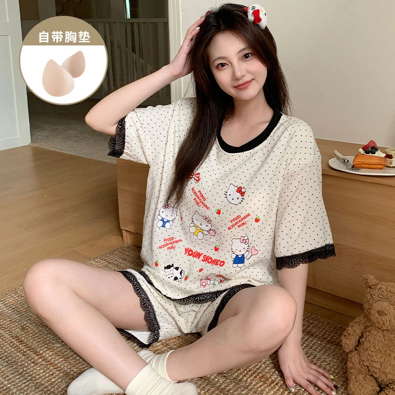 卡通风猫咪带胸垫睡衣女款夏季爆款云朵棉花边短袖短裤家居服套装