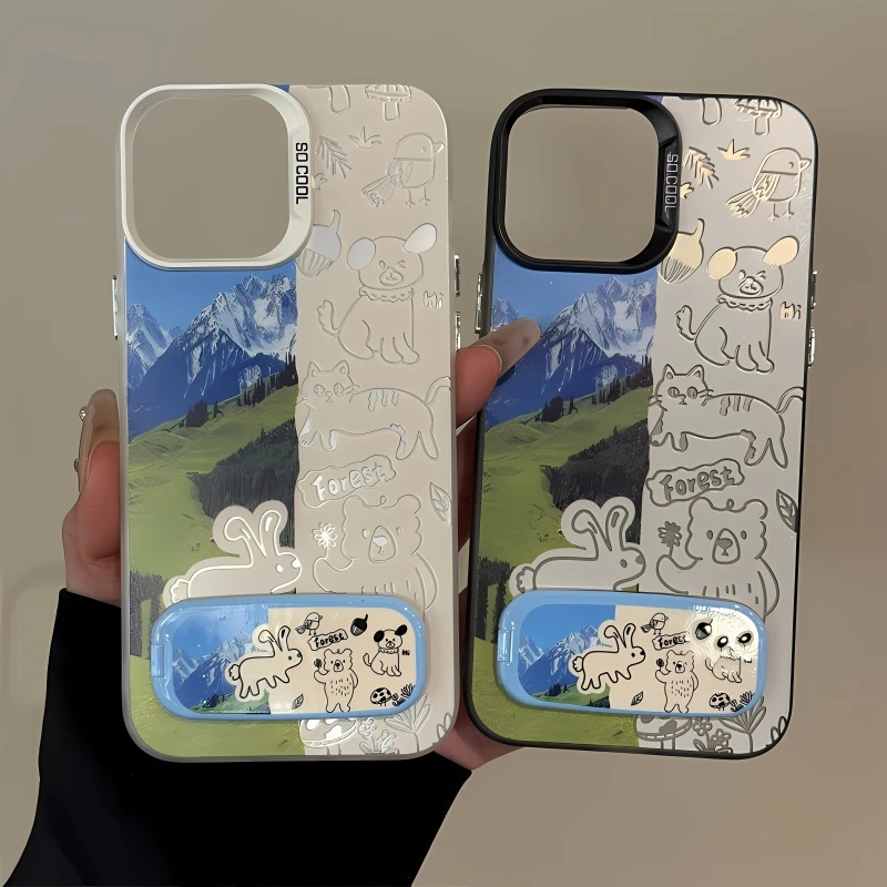 适用苹果16磨砂彩银15手机壳小众华为mate70大自然线条动物华为60