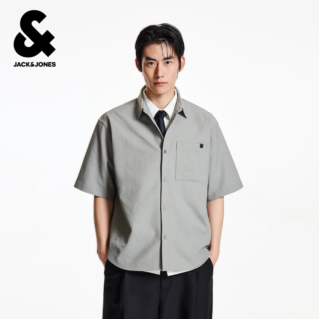 杰克琼斯男装秋季宽松上衣衬衫翻领肌理感面料百搭潮流字母流行