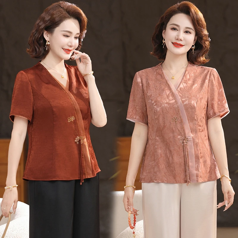 母亲节国风妈妈装夏季新中式洋气质小衫套装中老年女斜襟V领上衣