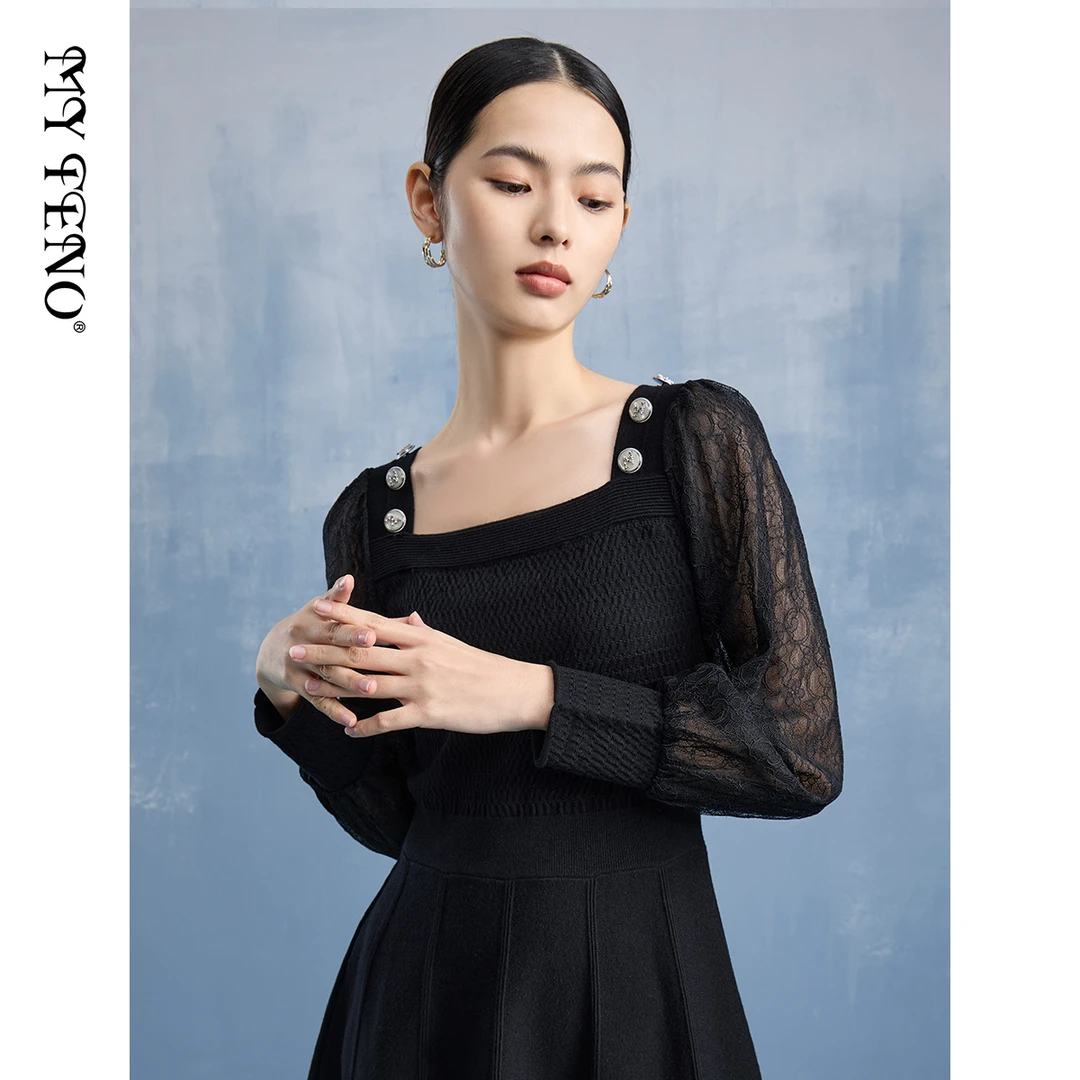 MY TENO/马天奴VDS205显瘦裙子蕾丝气质长袖针织短款时尚连衣裙