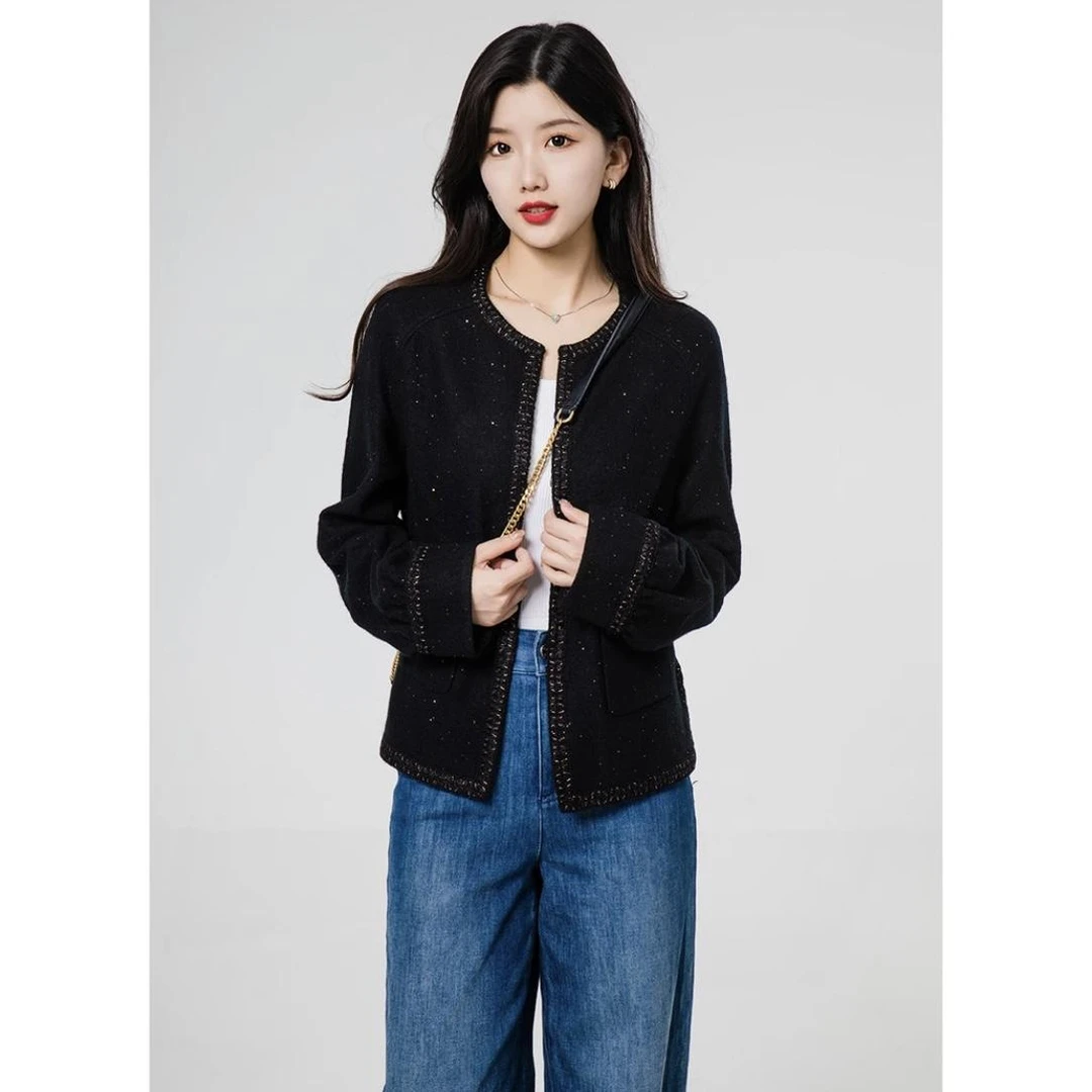 阿玛施5400312圆领细闪精致小香花呢外套女花呢粉色小粉色外套