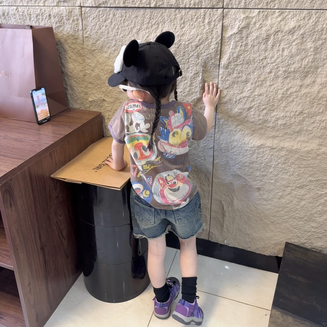 现货MZ.儿童夏季新款重工潮牌印花砂洗卡通复古短袖2024