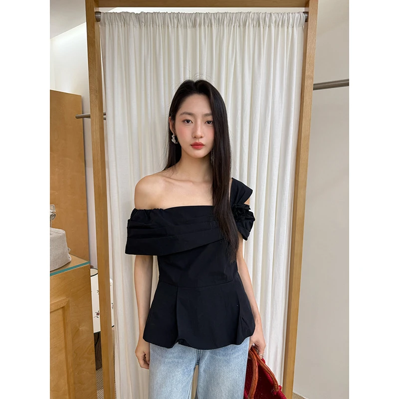 NEWOPEN25夏法式甜辣时尚别致气质收腰斜露肩衬衣女S5151