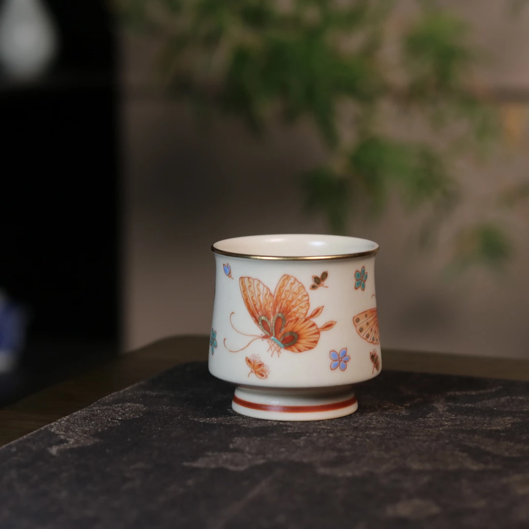 了物 景德镇素宣釉手绘红绿彩莺歌蝶舞主人杯茶杯 80cc