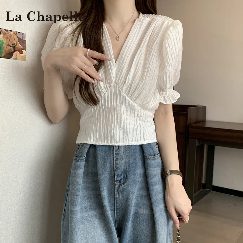 拉夏贝尔大码女装白色t恤女2025夏季新款气质复古显瘦交叉V领上衣