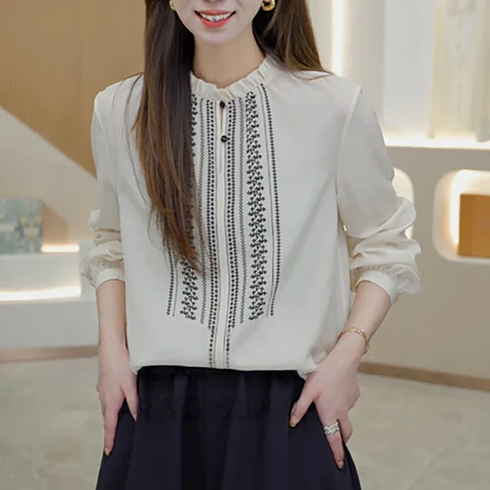 法式小众木耳边印花衬衫女士2025早秋新款显瘦通勤百搭知性风衣服