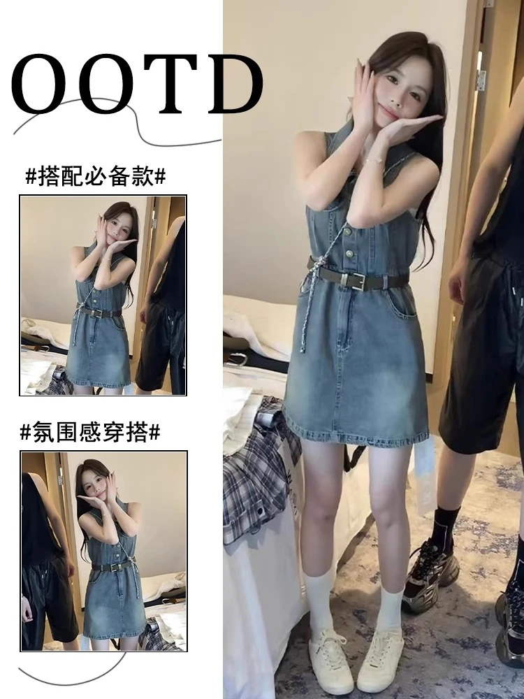 港风辣妹复古单排扣无袖牛仔背心裙女夏季Polo领连衣裙A字短裙子