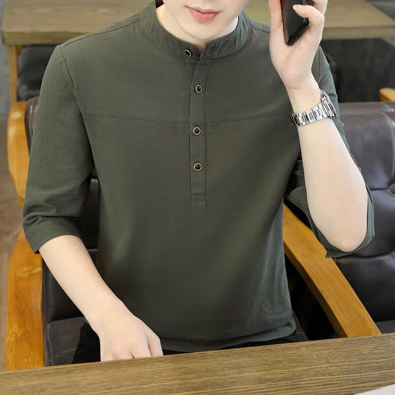 高档纯棉七分袖衬衣男士夏季新款国潮风百搭帅气男修身休闲上衣服