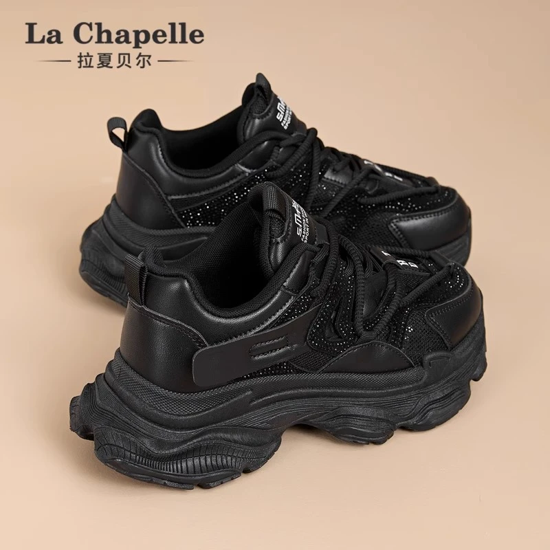 拉夏贝尔老爹鞋2025冬季新款黑色女鞋复古运动鞋厚底增高休闲鞋子