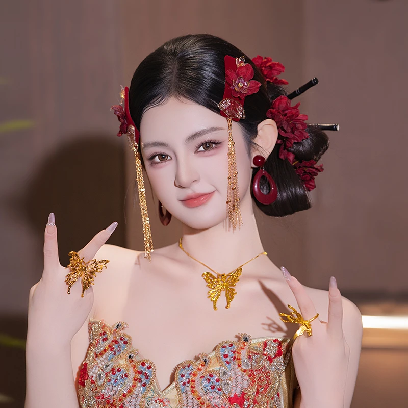 合金婚庆饰品 新娘酒红色花朵头饰新中式金色流苏发夹套装MT2572
