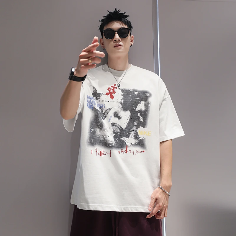 有术美式街头短袖男夏季高街圆领T恤宽松休闲潮牌百搭上衣潮印绣