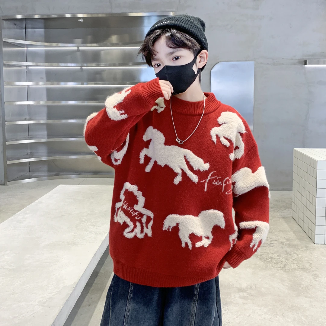 男童红色毛衣冬季2025新款中大儿童男孩冬装拜年服加绒针织衫上衣