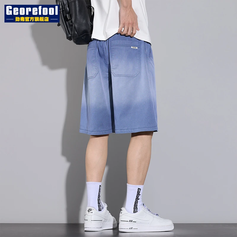 天丝休闲短裤男夏季薄款2025新款潮牌渐变冰丝直筒宽松5分裤中裤